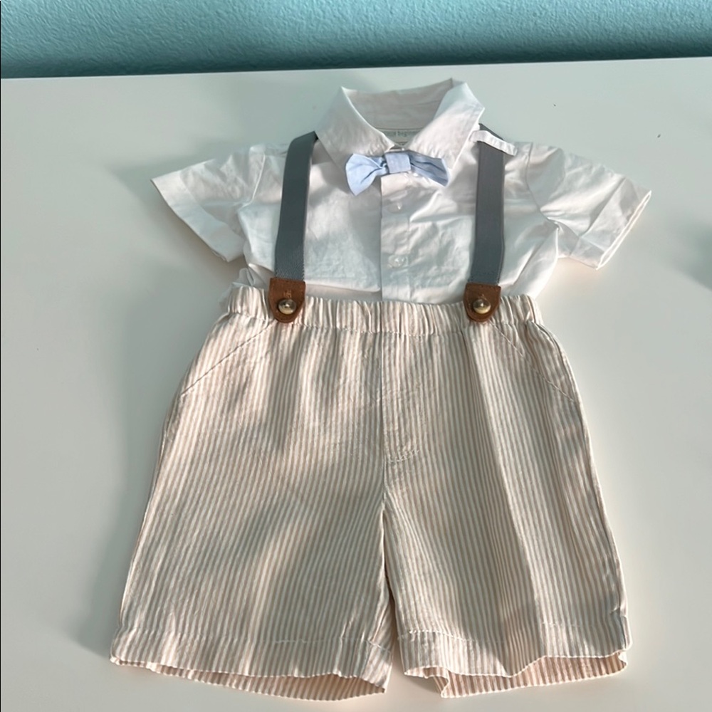 Classic beginnings White and Blue Matching Set with Suspenders and brown shorts.
